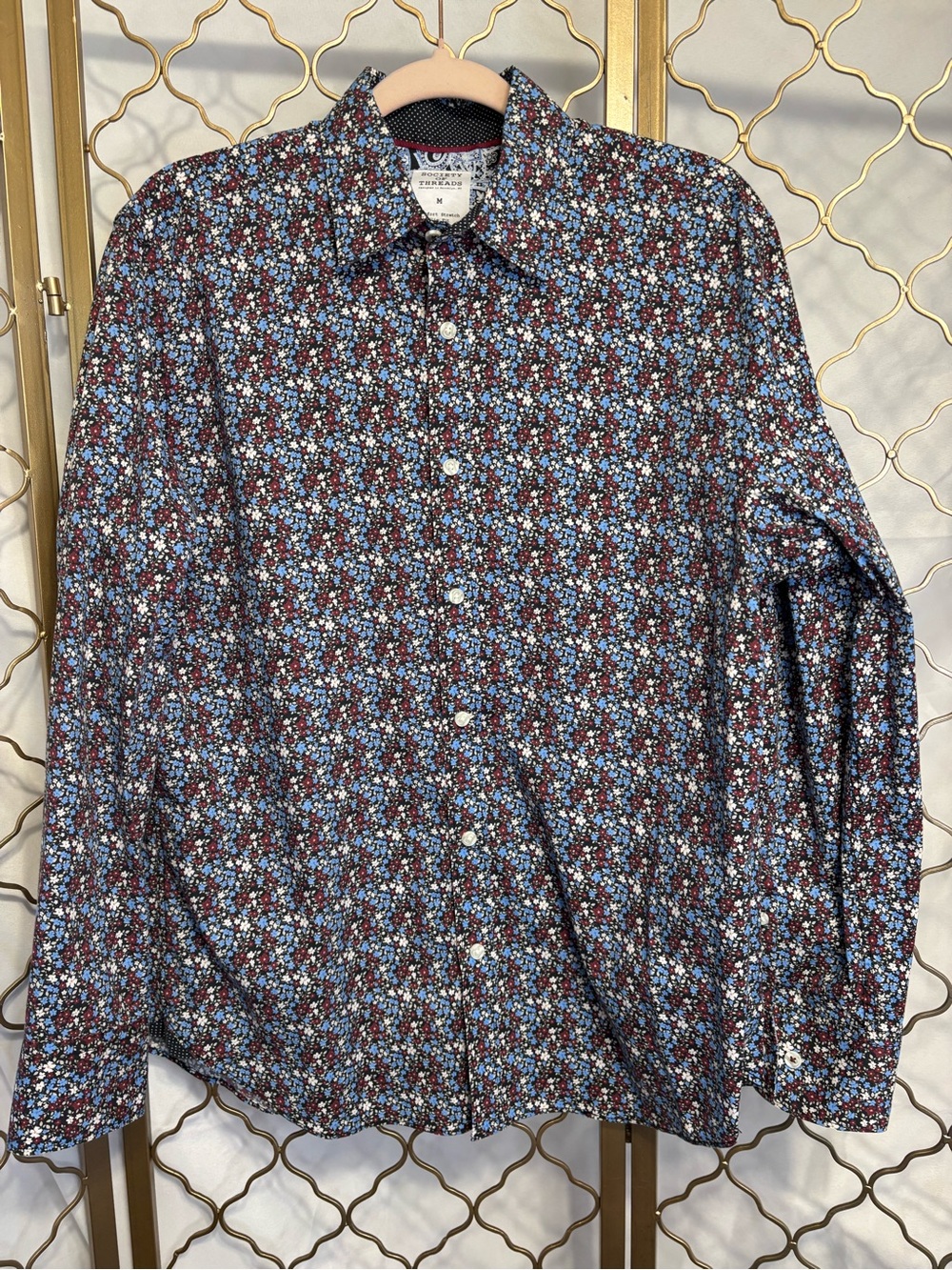 Society Of Threads Men's Floral Shirt - Blue & Burgundy in size M